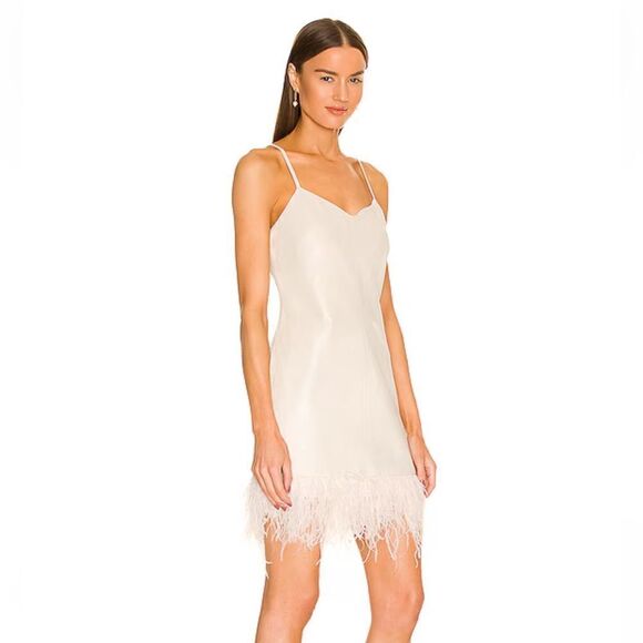 Lamarque Abella Dress Lambskin Leather Feather trim bone white mini Revolve M - Picture 2 of 12